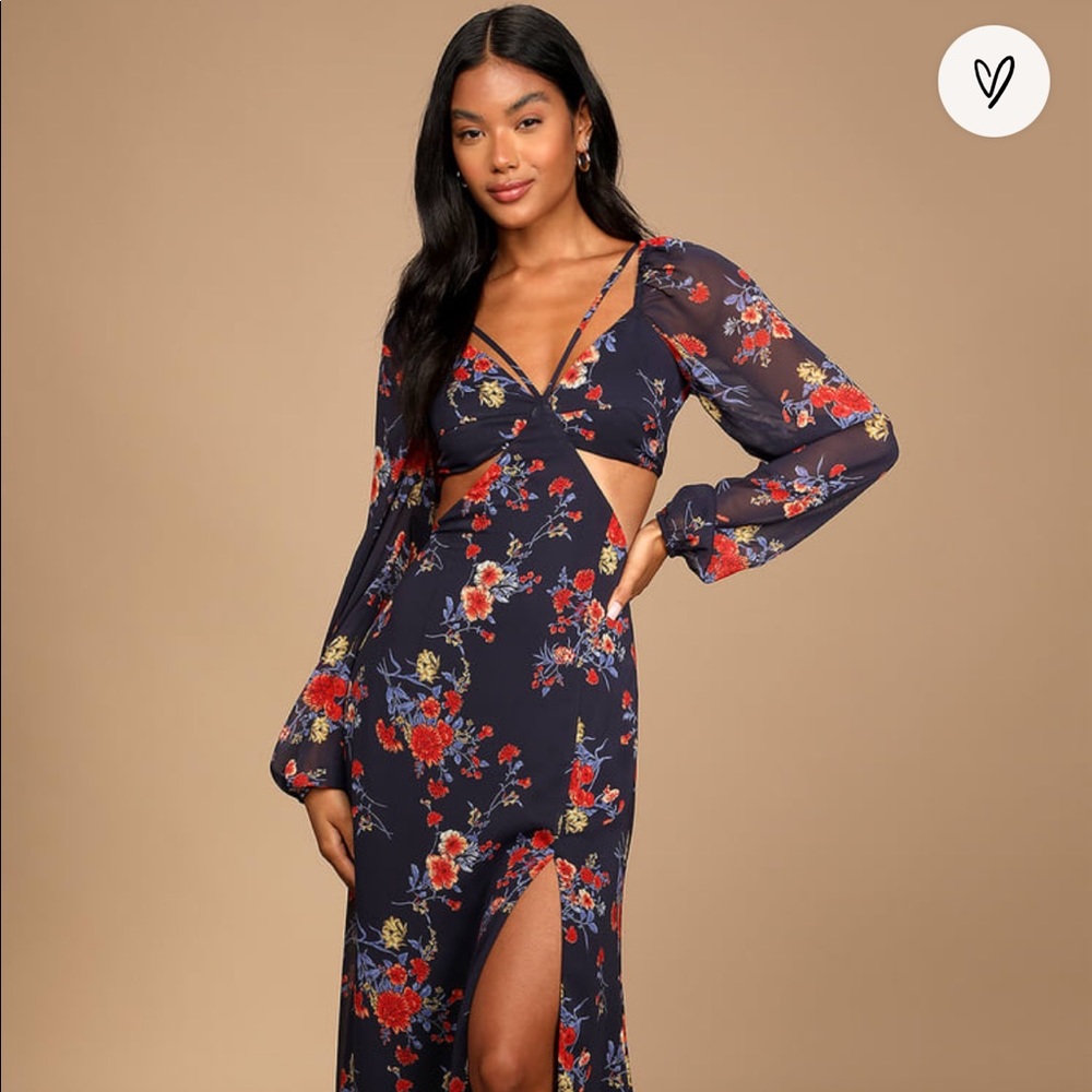 Growing, Growing, Gone Navy Blue Floral Print Cutout Maxi Dress
